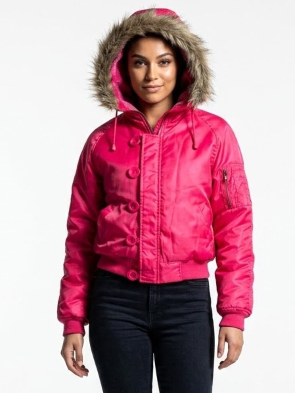 Vintage Wet Seal Hot Pink Y2K McBling Faux Fur Hooded Bomber Jacket L